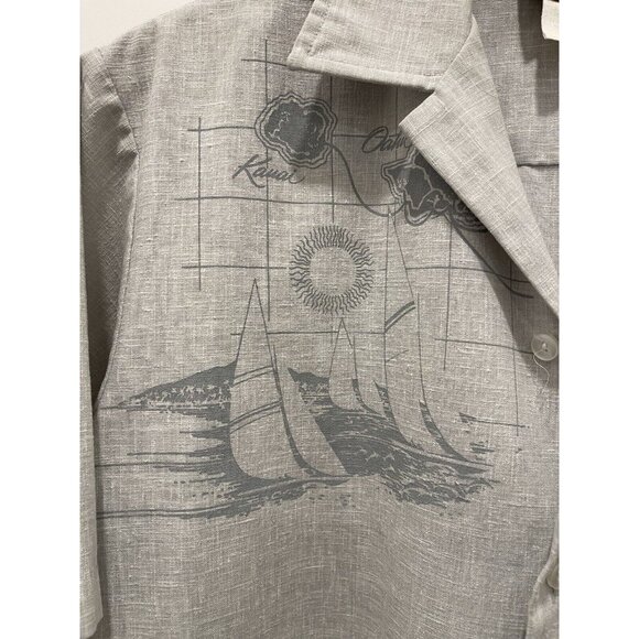 IOLANI Vintage Men's Hawaiian Shirt Island Boat Fish Mermaid Grey Size Large - Picture 4 of 5